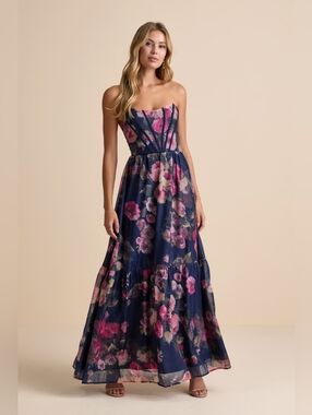 Lulu's Strapless Navy Maxi Dress with Pink Floral Print - Size XL - New With Tag